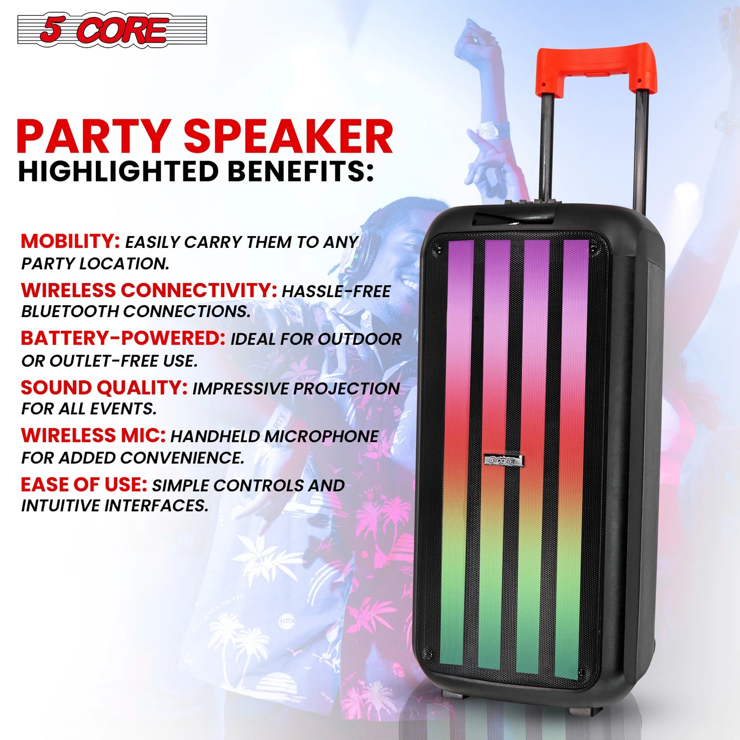 5Core Bluetooth Party Speaker 8 Inch PA RGB Partybox Karaoke Machine + 2 Wireless Mic