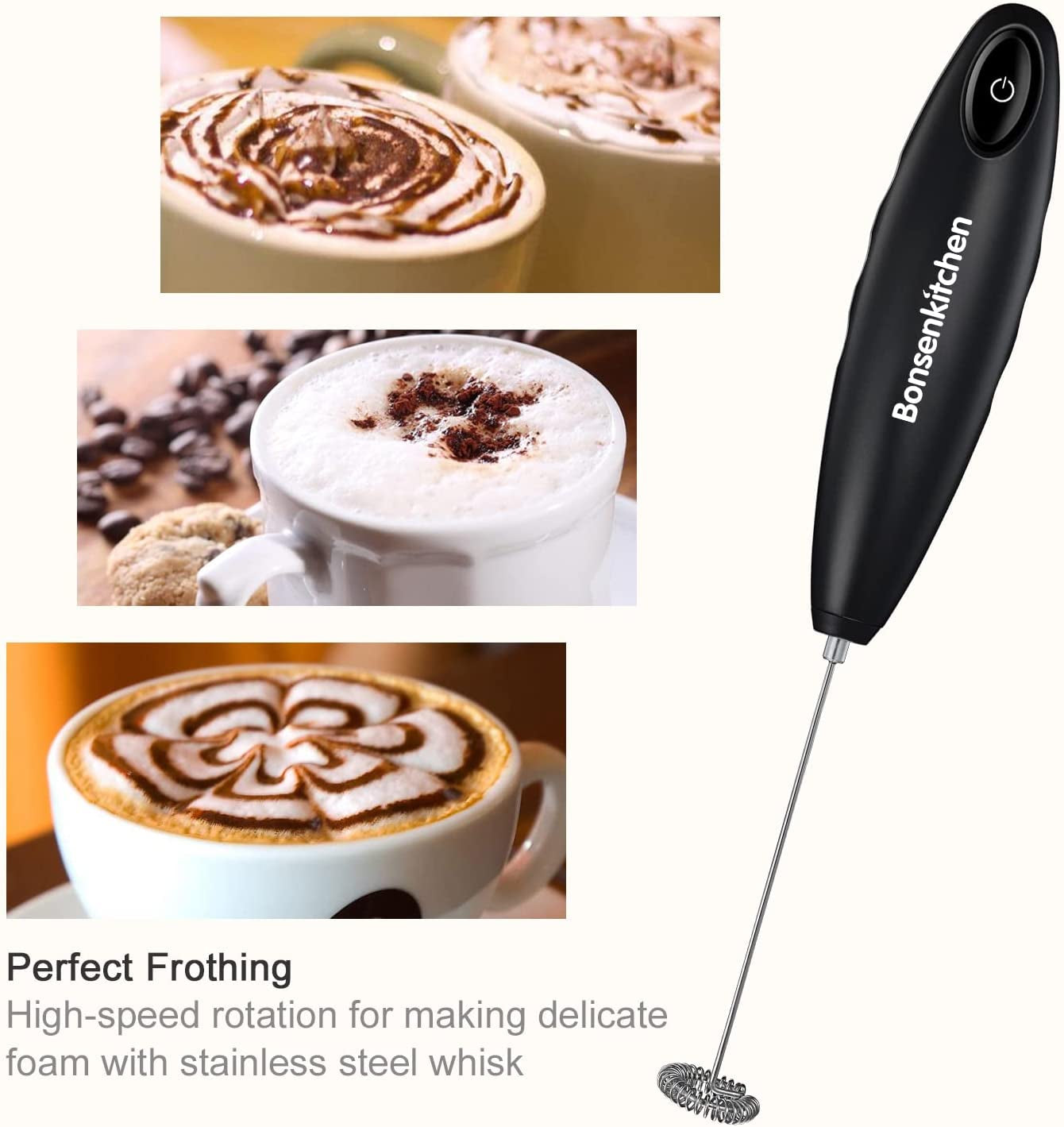 Milk Frother Handheld, Automatic Milk Foam Maker Hand Frother for Coffee, Matcha, Hot Chocolate, Battery Operated Mini Drink Mixer-Black