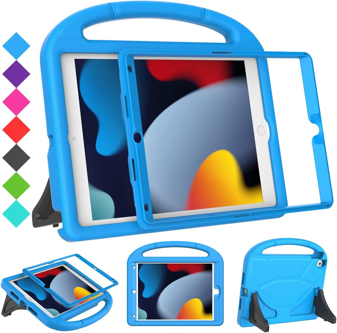 Kids Case for Ipad 9Th/8Th/7Th Generation - Ipad 10.2 Inch 2021/2020/2019 Case with Built-In Screen Protector, Durable Shockproof Handle Stand Kids Case for Apple Ipad 7/8/9 Gen, Blue