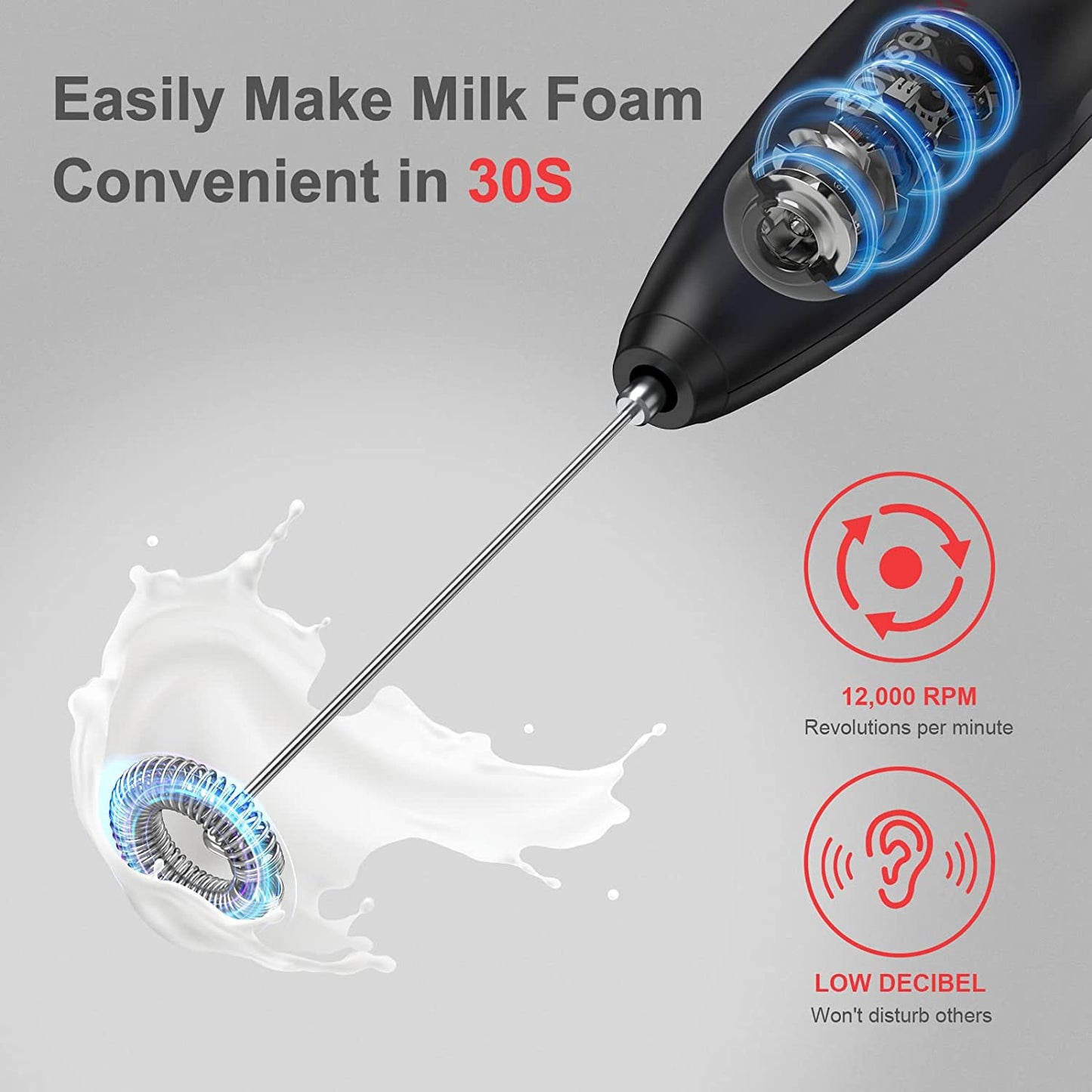 Milk Frother Handheld, Automatic Milk Foam Maker Hand Frother for Coffee, Matcha, Hot Chocolate, Battery Operated Mini Drink Mixer-Black